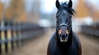Black horse portrait with soft bokeh background showing expressive eyes and alert ears on autumn ranch. Close-up view captures noble equine personality and strength.