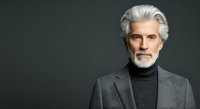 Senior man with white hair and beard wearing gray blazer and black turtleneck against neutral background. Professional portrait suitable for business, corporate, and lifestyle design projects.