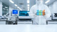 Laboratory scientist in protective suit holding test tubes with colorful samples in modern sterile research facility for medical analysis and experiments.