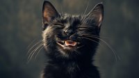 Black cat with fanged smile and closed eyes against dark background, showing playful expression and whiskers. Moody pet portrait capturing feline personality.