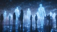 Glowing digital human silhouettes on reflective surface against dark background with network connections. Futuristic concept of virtual reality and digital transformation.
