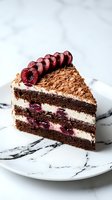 Decadent chocolate layer cake slice with fresh cherries and cream filling on marble plate, gourmet dessert for bakery menu and food photography.