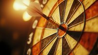 Dart hitting bullseye on wooden dartboard in dramatic lighting, close-up macro shot showing precision and accuracy in competitive game setting.