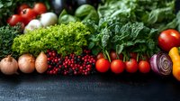 Fresh organic vegetables and fruits arranged in row on dark background, including lettuce, tomatoes, onions, berries and leafy greens for healthy eating concept.