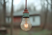 Vintage light bulb with glowing filament hanging outdoors against blurred winter background, creating atmospheric moody ambiance for design and decor projects.