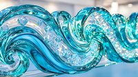 Swirling turquoise wave pattern in glass with bubbles and reflections creates dynamic abstract design element for backgrounds and artistic compositions.