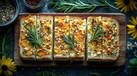Homemade flatbread topped with melted cheese, fresh rosemary sprigs, and crushed nuts served on wooden board with sunflowers and herbs in dark setting.