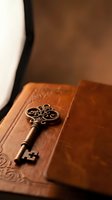 Ornate vintage brass key with decorative scrollwork lying on antique leather-bound book with embossed cover in warm golden light for mystery concepts.