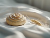 Fresh baked cinnamon roll with powdered sugar dusting and golden wheat ear on white linen cloth in soft morning light, creating cozy breakfast atmosphere.