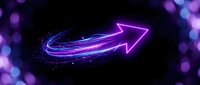 Glowing neon arrow with purple and pink light trails on dark background with bokeh effects for business growth and direction concepts.