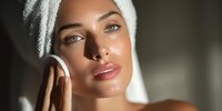 Young woman with glowing skin applying facial product with cotton pad, wearing white towel on head in soft natural light.