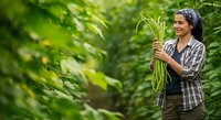 Middle-aged male farmer of South Asian ethnicity harvesting fresh long beans in lush green field. Agricultural worker holding organic produce for farming, gardening, and food production concepts.