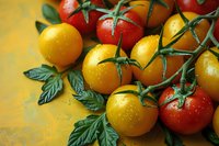 Fresh red and yellow cherry tomatoes on vine with water drops and green leaves against yellow background, macro food photography for healthy eating concept.