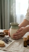 Woman hands holding ceramic vase with steam rising, spa wellness aromatherapy setup with lavender essential oils and natural wooden accessories on table.