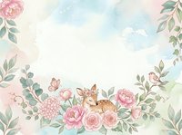 Watercolor floral frame with pink roses, peonies, and green foliage surrounding a deer among blooms on soft pastel background for invitations and designs.