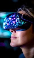 Young woman wearing virtual reality headset with glowing neon network reflections, experiencing immersive technology in dark environment with blue lighting.