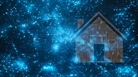 Digital house icon floating in glowing blue network space with connected dots and lines, representing smart home technology and digital transformation.