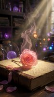 Glowing coral rose with ethereal smoke rising from petals, resting on open vintage book with scattered petals, mystical purple and golden light rays, magical fantasy atmosphere for creative projects.