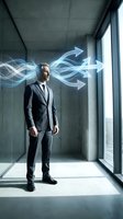 Professional businessman in suit with digital energy waves and arrows in modern concrete office space representing innovation and forward thinking.