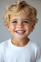 Joyful young child with curly blonde hair and bright blue eyes wearing white t-shirt, expressing genuine happiness with broad smile against neutral background.