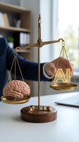 Golden brass scales balancing human brain and AI letters symbolizing artificial intelligence versus human cognition in modern office setting.