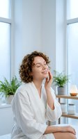 Woman with curly brown hair and fair complexion touching her face in bright, minimalist interior with potted plants and natural light from windows.