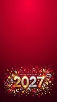 Festive New Year 2027 celebration design with golden numbers, confetti, fireworks, and ornamental swirls on deep red background for holiday greetings and seasonal promotions.