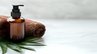 Amber glass pump bottle with essential oil on brown towel and green palm leaf against white background, spa wellness concept for skincare and massage.