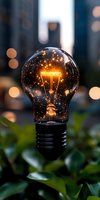 Glowing lightbulb with magical sparkles against blurred cityscape background, filament illuminated with warm light creating ethereal atmosphere among green leaves.