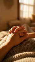Two people holding hands together on a cozy knit blanket in warm sunlight, symbolizing love, support, and togetherness in a calm home setting.