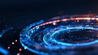 Futuristic circular technology pattern with glowing blue and orange lights creating dynamic motion trails against dark background, suitable for tech concepts.