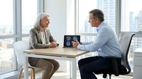 Middle-aged Caucasian male doctor consulting with senior Caucasian female patient, showing brain scan results on tablet in modern medical office consultation.