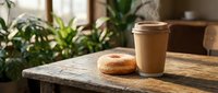 Takeaway coffee cup and glazed donut on wooden table with green plants in background, suitable for cafe, bakery, and food service marketing materials.