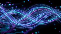 Flowing neon light trails creating dynamic wave patterns with purple and blue glowing effects against dark background for digital art and technology concepts.