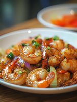 Succulent grilled shrimp glazed with sweet and savory sauce, garnished with fresh herbs and red onions served on white ceramic plate, close up macro food photography.
