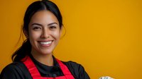 Young Asian woman chef in black uniform and red apron smiling confidently against yellow background. Professional culinary portrait showing warmth and expertise.