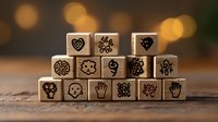 Wooden dice with emotional intelligence and psychology icons arranged in pyramid shape on rustic surface with warm bokeh background lighting effects.