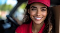 Young Hispanic female delivery worker wearing red uniform cap smiling confidently at camera. Professional service industry portrait showing positive attitude and friendly demeanor.
