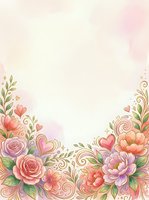 Watercolor floral frame with pink roses, peonies, and decorative hearts on soft pastel background. Isolated design element for invitations, greeting cards, and wedding stationery.