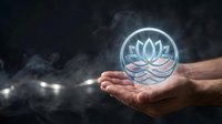 Male hand holding glowing neon lotus flower symbol against dark smoky background. Represents spirituality, meditation, wellness and mindfulness practices for healing and personal growth concepts.