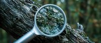 Magnifying glass examining moss and lichen growth on weathered tree bark in natural forest environment for scientific research and nature study.