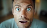 Close up portrait of surprised Caucasian man with bright blue eyes and shocked facial expression wearing casual blue shirt against blurred background.