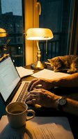 Cozy evening workspace with laptop, coffee cup, banker lamp and orange tabby cat on desk by window during nighttime work session for productivity concepts.