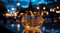 Glowing decorative pumpkin with intricate light pattern on wooden surface against blurred city lights background creates magical autumn evening atmosphere.