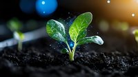 Young green seedling growing in fertile soil with water drops and light effects, representing growth, new beginnings, and environmental sustainability.