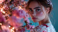 Young Caucasian woman with upswept hair and natural makeup poses near blooming cherry branches at dusk. Soft pink bokeh lights create dreamy spring atmosphere.