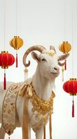 White goat with golden ornaments and traditional red lanterns for Chinese New Year celebration and zodiac festival decoration.