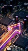 Computer motherboard with glowing neon arrow pointing forward, circuit board with bright purple and orange light trails, technology and innovation concept.
