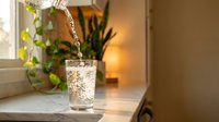 Fresh sparkling water being poured into glass on kitchen counter with green plants and warm lighting creating healthy lifestyle atmosphere.