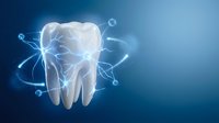Digital tooth with glowing neural network connections on blue gradient background for dental technology and healthcare innovation concepts.